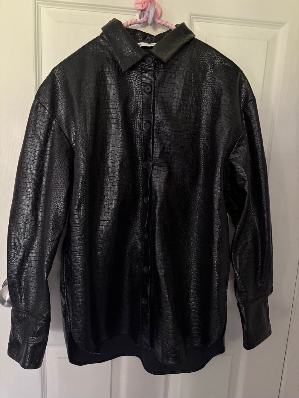 Zara Black Croc Patterned Button Up Faux Leather Jacket